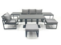 Fimous 6 Seater Garden Sofa Set Aluminium Furniture Rising Dining Tabe Set with Chair 2 Big Footstool 2 Side Tables Dark Grey - thumbnail 1