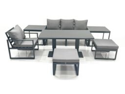 Fimous 6 Seater Garden Sofa Set Aluminium Furniture Rising Dining Tabe Set with Chair 2 Big Footstool 2 Side Tables Dark Grey - thumbnail 2