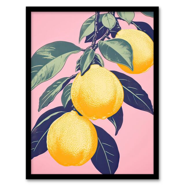 Artery8 Wall Art Print Lemon Tree Branch Pastel Colour Mauve Pink Green Kitchen Artwork Framed - Size: A4 - image 1