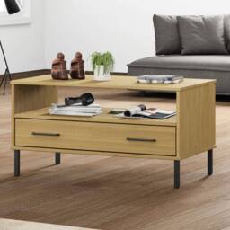 Berkfield Home Beautiful Coffee Table with Metal Legs Brown 85x50x45cm Solid Woo in Light Tan - Size: 85 x 50 x 45 cm - thumbnail 2