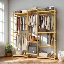 Pirlo Plush Large Wooden Clothes Rack Open Wardrobe With Storage Shelves in Beige