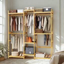 Pirlo Plush Large Wooden Clothes Rack Open Wardrobe With Storage Shelves in Beige - thumbnail 5