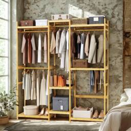 Pirlo Plush Large Wooden Clothes Rack Open Wardrobe With Storage Shelves in Beige - thumbnail 3