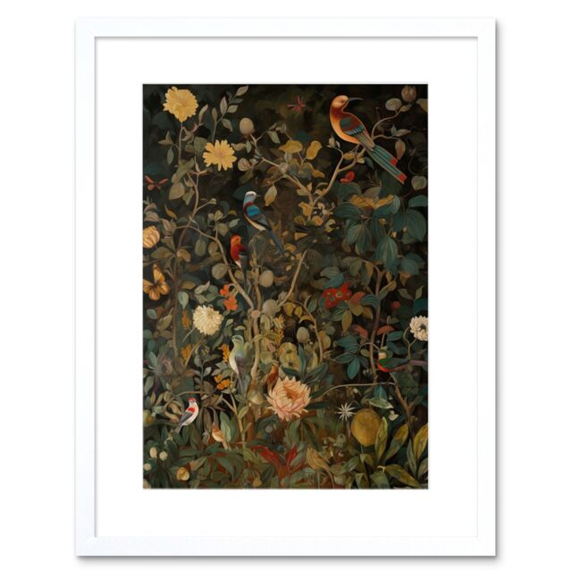 "Artery8 Wall Art Print Audubon Style Birds in Spring Flower Field Modern Artwork Framed 9X7 Inch in White - Size: W7"" x H9""" - image 1