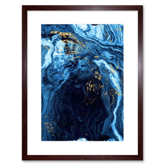 "Artery8 Wall Art Print Abstract Dark Blue Gold Flow Art Framed 9x7 inch in Brown - Size: W7"" x H9""" - image 1