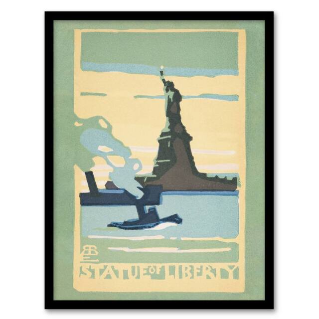 Artery8 Rachael R Elmer Statue of Liberty Vintage Postcard Framed Art Print in Green - Size: A3 - image 1