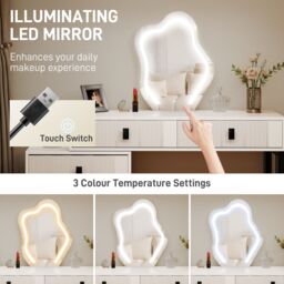 HOMCOM Dressing Table with LED Leaf Shape Mirror & 5 Drawers, White - thumbnail 4