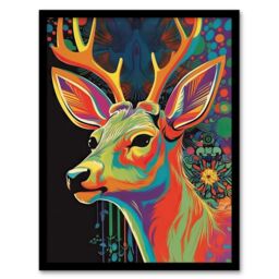 "Artery8 Wall Art Print Psychedelic Buck Multicoloured Deer Abstract Painting Vibrant Bold Bright Colourful Painting Art Framed - Size: W12"" x H16""" - thumbnail 1