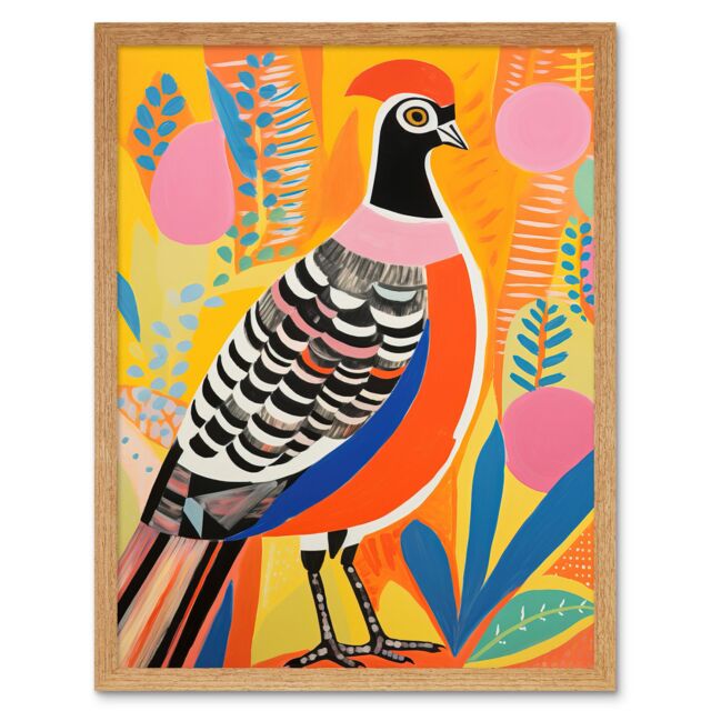 Artery8 Wall Art Print Pleasant Pheasant Bright Bold Vibrant Colourful Grassland Acrylic Painting Artwork Orange Pink Blue Folk Art Framed - image 1