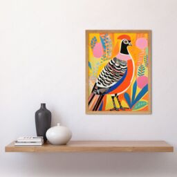 Artery8 Wall Art Print Pleasant Pheasant Bright Bold Vibrant Colourful Grassland Acrylic Painting Artwork Orange Pink Blue Folk Art Framed - thumbnail 2