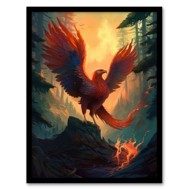 Artery8 Wall Art Print Majestic Phoenix Bird Spreading Wings Concept Painting Mythical Creature Rising From Fire Ashes in Enchanted Forest Landscape - image 1