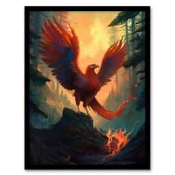 Artery8 Wall Art Print Majestic Phoenix Bird Spreading Wings Concept Painting Mythical Creature Rising From Fire Ashes in Enchanted Forest Landscape - thumbnail 1