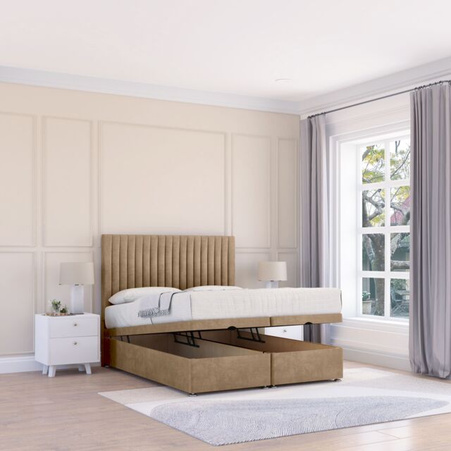 Sloomy Manhattan Naples Fabric Ottoman Bed End Opening With Sprung Memory Mattress & 26 Inch strut Headboard in Light Brown - Size: Super King - image 1