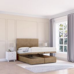 Sloomy Manhattan Naples Fabric Ottoman Bed End Opening With Sprung Memory Mattress & 26 Inch strut Headboard in Light Brown - Size: Super King - thumbnail 1