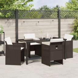 Berkfield Home 5 Piece Garden Dining Set with Cushions Brown Poly Rattan - thumbnail 4