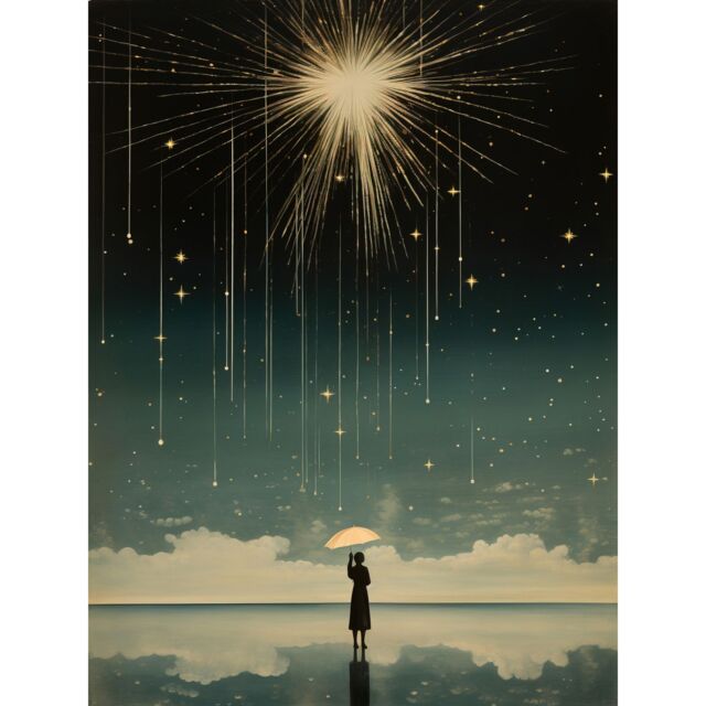 "Artery8 Wall Art Print Falling Star Rain Dreamy Artwork Bright Star Wish Woman with Umbrella Fairytale Dreamscape Poster in Black - Size: W24"" x H32""" - image 1