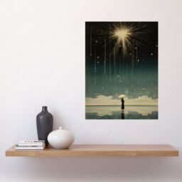 "Artery8 Wall Art Print Falling Star Rain Dreamy Artwork Bright Star Wish Woman with Umbrella Fairytale Dreamscape Poster in Black - Size: W24"" x H32""" - thumbnail 2