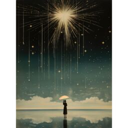 "Artery8 Wall Art Print Falling Star Rain Dreamy Artwork Bright Star Wish Woman with Umbrella Fairytale Dreamscape Poster in Black - Size: W24"" x H32""" - thumbnail 1