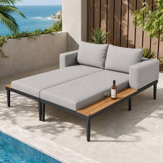 STILVORA Modular Outdoor Double Chaise Lounge with Wooden Side Panels in Grey - image 1