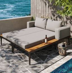 STILVORA Modular Outdoor Double Chaise Lounge with Wooden Side Panels in Grey - thumbnail 2