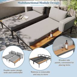 STILVORA Modular Outdoor Double Chaise Lounge with Wooden Side Panels in Grey - thumbnail 8