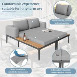 STILVORA Modular Outdoor Double Chaise Lounge with Wooden Side Panels in Grey - thumbnail 7