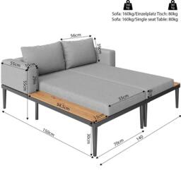 STILVORA Modular Outdoor Double Chaise Lounge with Wooden Side Panels in Grey - thumbnail 4
