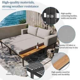 STILVORA Modular Outdoor Double Chaise Lounge with Wooden Side Panels in Grey - thumbnail 6