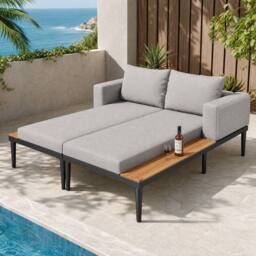 STILVORA Modular Outdoor Double Chaise Lounge with Wooden Side Panels in Grey - thumbnail 1