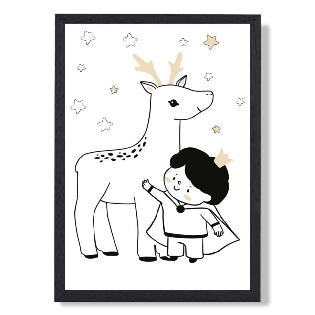 ARTZE Scandi Prince Little Boy with Reindeer Framed Print SIZE: A4 with Black Frame - image 1