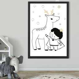 ARTZE Scandi Prince Little Boy with Reindeer Framed Print SIZE: A4 with Black Frame - thumbnail 2