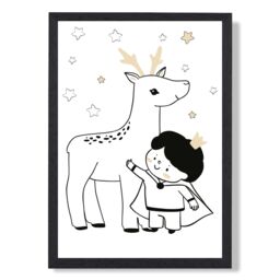 ARTZE Scandi Prince Little Boy with Reindeer Framed Print SIZE: A4 with Black Frame - thumbnail 1
