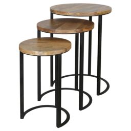 Jaipur Furniture Ltd Ravi Iron Base Solid Wood Top Round Stool (Set of 3) - L43 x W43 x H65 cm - Mango Light Finish in Brown