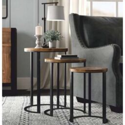 Jaipur Furniture Ltd Ravi Iron Base Solid Wood Top Round Stool (Set of 3) - L43 x W43 x H65 cm - Mango Light Finish in Brown - thumbnail 2