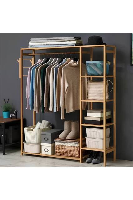 Wooden Garment Rack with Side Hanging Hooks in Brown - image 1