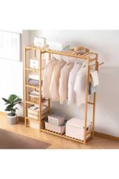 Wooden Garment Rack with Side Hanging Hooks in Brown - thumbnail 2