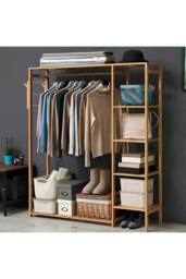 Wooden Garment Rack with Side Hanging Hooks in Brown