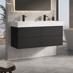 Banyetti Venti 1200mm Wall Hung Vanity Unit with Veneto 2 Tap Hole Basin - Matt Black - thumbnail 2