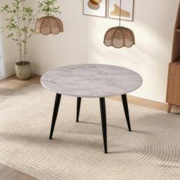 FURNITURE ONE 116CM Round Dining Table with Black Metal Legs-White Marble in White