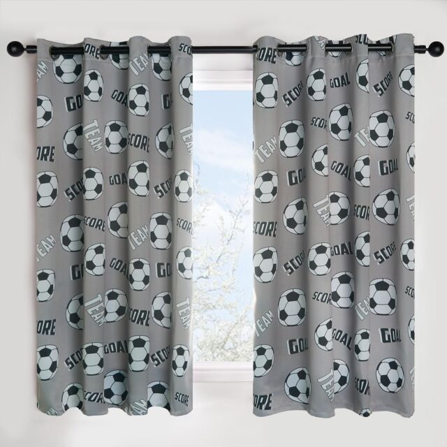 OHS Football Eyelet Curtain Panels Pair of Kids Ring Top Thermal Ready Made in Grey - Size: 168 cm width x 183 cm drop - image 1
