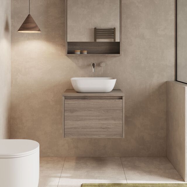 Banyetti Mino 600mm Wall Hung Vanity Unit with Matching Worktop-Nebraska Oak in Brown - image 1