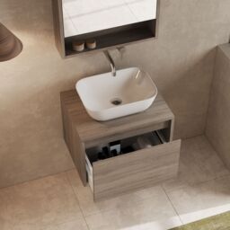 Banyetti Mino 600mm Wall Hung Vanity Unit with Matching Worktop-Nebraska Oak in Brown - thumbnail 2