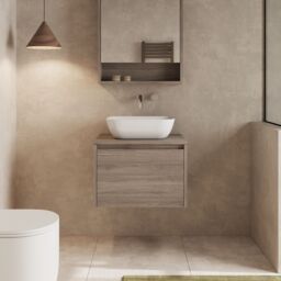 Banyetti Mino 600mm Wall Hung Vanity Unit with Matching Worktop-Nebraska Oak in Brown - thumbnail 1