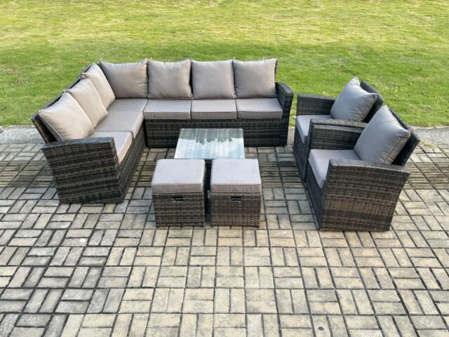 Fimous Rattan Garden Furniture Set Outdoor Lounge Corner Sofa Set With Square Coffee Table 2 Small Footstools Armchair 10 Seater in Dark Grey - image 1