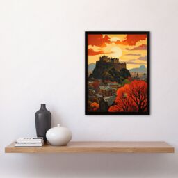 "Artery8 Edinburgh Castle Oil Twilight In Autumn Cityscape Framed Art Print in Red - Size: W12"" x H16""" - thumbnail 2