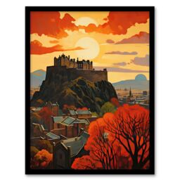 "Artery8 Edinburgh Castle Oil Twilight In Autumn Cityscape Framed Art Print in Red - Size: W12"" x H16""" - thumbnail 1