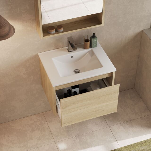 Banyetti Mino 600mm Wall Hung Vanity Unit with Lira Basin - Natural Oak in Light Oak - image 1