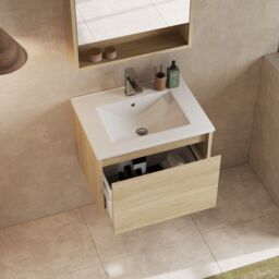Banyetti Mino 600mm Wall Hung Vanity Unit with Lira Basin - Natural Oak in Light Oak - thumbnail 1
