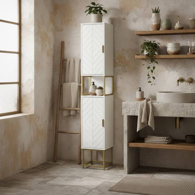 Wyld Haus Kacoel Tall Narrow Bathroom Storage Cabinet White Gold Tone Steel Base - image 1