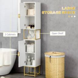 Wyld Haus Kacoel Tall Narrow Bathroom Storage Cabinet White Gold Tone Steel Base - thumbnail 6
